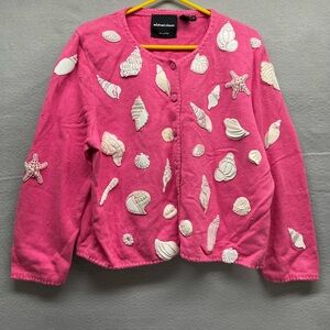 Vintage Michael Simon Cardigan Sweater Women’s 1X Pink Seashells Sequins Pearls